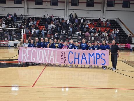 The Veribest volleyball team celebrates its four-set win over Klondike in the regional semifinals Tuesday, Nov. 11, 2025.
