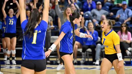 The Angelo State volleyball team continued its red-hot play with a 25-21, 26-24, 25-23 win over UT Tyler on Friday in the semifinals of the Lone Star Conference Tournament.