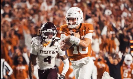 Texas Longhorns Arch Manning in action against Texas A&M
