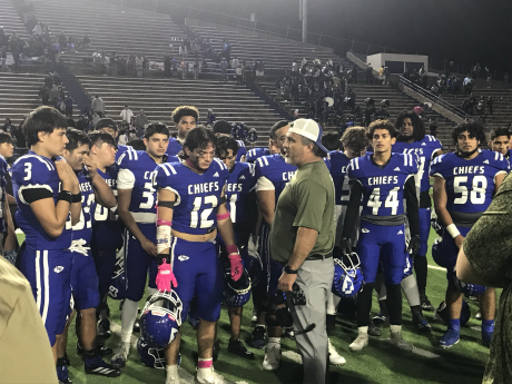Lake View head coach Hector Guevara talks to his team after their 35-28 loss to Andrews on Friday, Nov. 7, 2025.