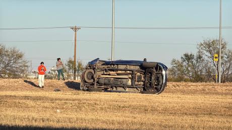 A car rolled over on its side Tuesday afternoon on the Houston Harte frontage road.