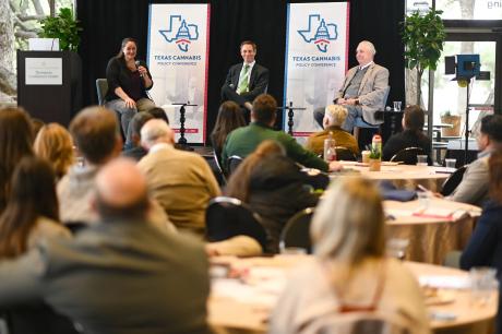 State Sen. Nathan Johnson, middle, and Rep. Drew Darby, right, discussed the future of cannabis in Texas on Friday. Jack Myer for the Texas Tribune