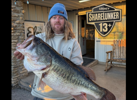 Josh Jones reeled in a 13.51-pound bass from O.H. Ivie Reservoir on Saturday, Feb. 21, marking the record fifth Legacy Class ShareLunker he has caught.
