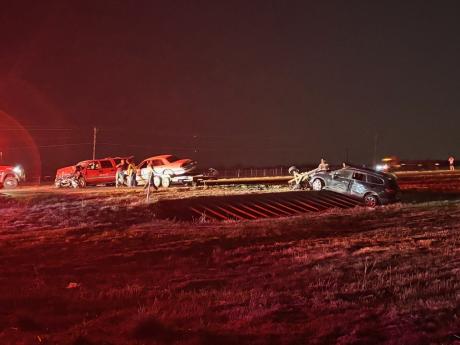 At least two vehicles, a red Suburban and a small sedan, collided on US 87 north near the Old Sterling City Highway intersection a mile north of Grape Creek. Our reporter on the scene witnessed a trailer behind the Suburban that appeared to have two additional vehicles.