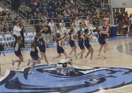 The Panhandle girls basketball team celebrates after its state semifinal win over Cisco on Tuesday, March 3, 2026.