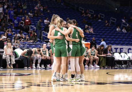 The Wall Lady Hawks huddle during the Class 3A Division II state final Friday, March 6, 2026.