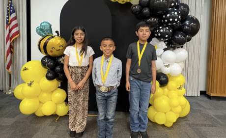 Bradford fourth-grader Emmanuel Cuevas (center) won the Region 15 Spanish Spelling Bee on March 3, while fifth-grader Esmeralda Cuevas (left) was second, and fifth-grader Daniel Sanchez (right) was third.