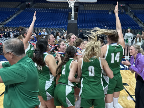The Wall girls basketball team celebrates its win over Central Heights in the Class 3A Division II state final Monday, March 6, 2026, at the Alamodome in San Antonio.