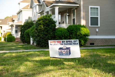 A sign promoting Virginia's redistricting referendum vote in a Norfolk, Virginia neighborhood on April 15, 2026.