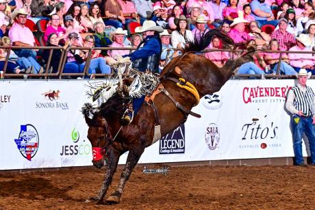 Chase Brooks scored an 86.5 in saddle bronc riding at the San Angelo Rodeo on Thursday, April 16, 2026.