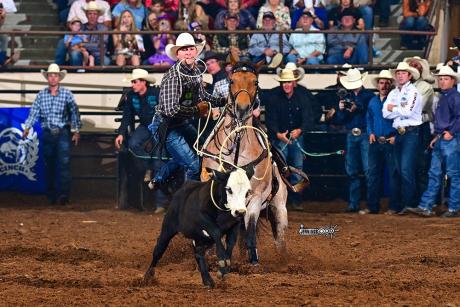 Angelo State's Sam Lewis won the tie-down roping title in the finals of the San Angelo Rodeo on Friday, April 17, 2026.