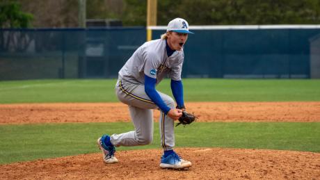 Angelo State pitcher Luke Spencer celebrates during the Rams' 3-2 win over St. Edward's on Sunday, April 5, 2026.