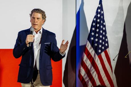 Bo French speaks at a Lone Star Liberty PAC rally at The Angry Elephant in San Antonio on Thursday, May 21, 2025.