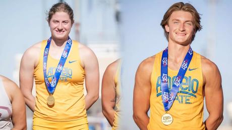 Marie Schuler (left) won the women’s hammer throw at the Lone Star Conference Track and Field Meet, while Jonathan Wright won the men’s pole vault.