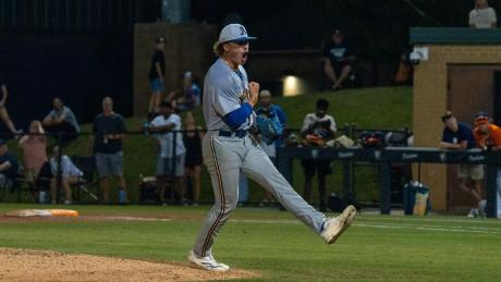Angelo State's Isaac Godard celebrates after recording an out against UT Tyler at the regional tournament Friday, May 15, 2026.