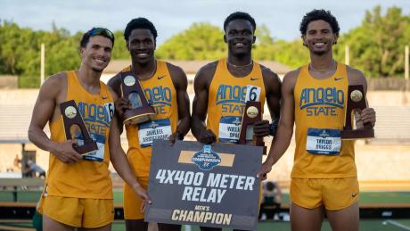 Angelo State's 4x400-meter relay team of William Opare, Rami Balta, Taylor Briggs and Jahleel Armstrong won the national title Saturday, May 23, 2026.