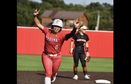 Coahoma's Addi Hart rounds the bases after a home run against Grand Saline in the state semifinals.