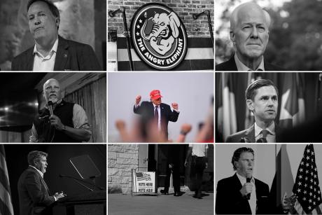 Three runoff elections in Texas are of particular interest. Top left: Texas Attorney General Ken Paxton, who is challenging incumbent U.S. Sen. John Cornyn (top right). Middle left: U.S. Rep. Chip Roy, vying for state attorney general against state Sen. Mayes Middleton (middle right). Bottom left: incumbent Railroad Commissioner Jim Wright, who faces challenger Bo French (bottom right).