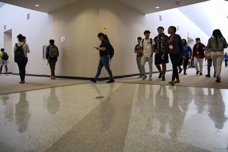 High school students walk to an after-school science tutorial that provides additional support for students taking the STAAR test at Elsik 9th Grade Center on April 19, 2018