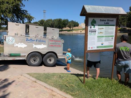 Channel catfish were stocked in the Concho River in downtown San Angelo on Friday, the last time they’ll be stocked in the river until September.
