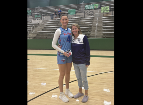 Mason's Flora Appleton (left) and head coach Alicia Cummings stand on the court after the Texas Girls Coaches Association 1A-4A All-Star Game on Friday, July 17, 2026.