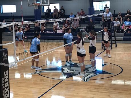 The volleyball teams from TLCA San Angelo and Bronte play Friday, Aug. 21, during the 2026 Nita Vannoy Memorial Tournament.