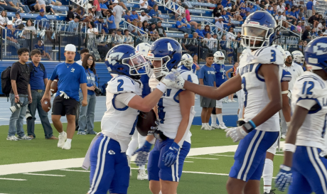 The Lake View Chiefs celebrate a touchdown in their win over Fort Stockton, 2026.