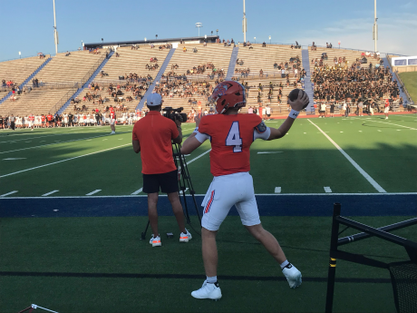 Micah Smith fires a pass in his final warmup before the Central Bobcats game against Abilene High on Friday, Aug. 28, 2026, at San Angelo Stadium.