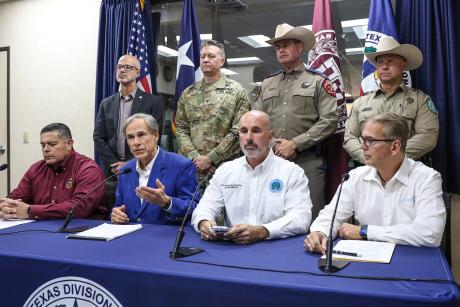 Gov. Greg Abbott speaks at a press conference Monday afternoon at the Texas Department of Emergency Management headquarters in Austin about a tropical depression that later strengthened into Tropical Storm Edouard. It is expected to move into southeast Texas on Tuesday.