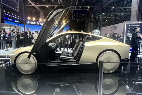 Tesla's Cybercab makes its debut at the 8th China International Import Expo in Shanghai, China, on Nov. 5, 2025.