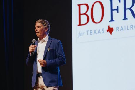 Republican candidate for Railroad Commissioner Bo French speaks at the Red River Roll Call, a Republican rally hosted by state Rep. Shelley Luther, in Sherman on July 27, 2026.