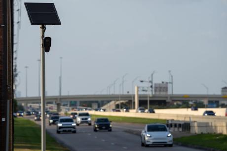 A Flock camera records drivers on the Texas 288 feeder road in Pearland on Aug. 23, 2026.