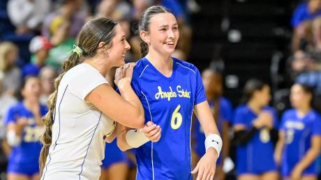 Angelo State volleyball players (from left) Allie Duitsman and Madi Parrish are shown during the 2026 season.
