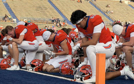 The San Angelo Central Bobcats pray before their game against the Abilene Cooper Cougars