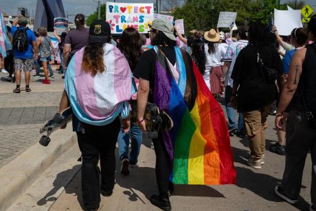 Activists and supporters march from the Bexar County Courthouse to Crockett Park for “March for Us,” San Antonio's third annual celebration of Transgender Day of Visibility, on March 29, 2025 in San Antonio.
