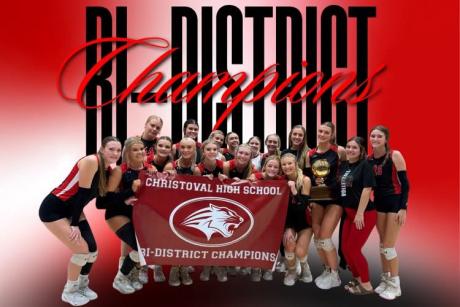 The Christoval volleyball team won its first-ever playoff trophy with a sweep of Roscoe on Thursday, Oct. 29, 2026.