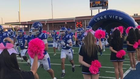 The Lake View Chiefs run onto the field before their game against Pflugerville Connolly during the 2026 football season.
