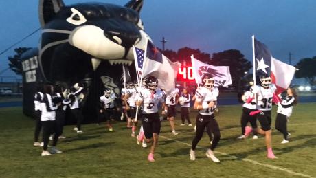 The Water Valley football team runs onto the field before its game at Veribest on Friday, Oct. 30, 2026.