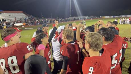 The Sonora football team celebrates its win over Ballinger on Friday, Oct. 30, 2026.