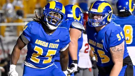 Angelo State's Jayden Jones (25) and Peyton Arthur (55) celebrate during a win over Sul Ross State on Saturday, Oct. 10, 2026.