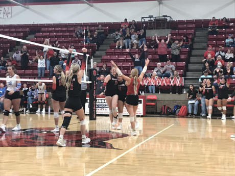 The Ballinger volleyball team celebrates a win over Coleman on Tuesday, Oct. 20, 2026.