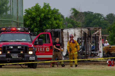 The Comanche Volunteer Fire Department tends to the scene of the fireworks explosion in Comanche, Texas on July 3, 2014. (Contributed photo, Justin Brundin)