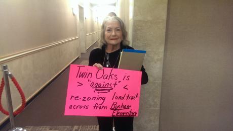 San Angelo resident Linda Silva sums up public sentiment with her sign against the zone change at the last City Council meeting. (LIVE! Photo by Chelsea Schmid)