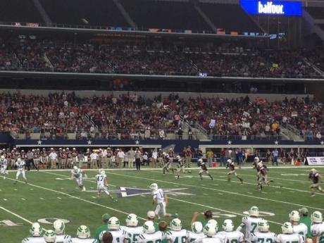 Cameron Yoe kicks off to the Wall Hawks during the state 2A championship at AT&T Stadium in Arlington, TX (LIVE! Photo/Zane Willard)
