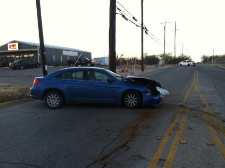 A blue Chrysler Sebring was in a vehicle accident at N. Garfield and the westbound frontage road to the Houston-Harte on Jan. 19, 2014. (LIVE! Photo/John Basquez)
