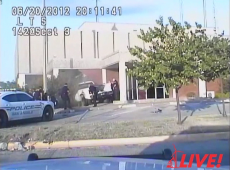Amanda Jeffreys crashed into the police station after leading police on a high-speed chase on June 20, 2012. (Source:Video)