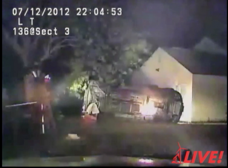A high-speed chase on July 12, 2012 ended with a crash in the front yard of a residence. (Source/Youtube)