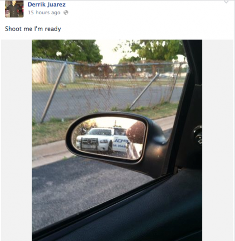 A photo posted on Derrik Juarez's Facebook wall around 8:00 p.m. yesterday bears the caption 'Shoot me I'm ready'. (Photo/Facebook)