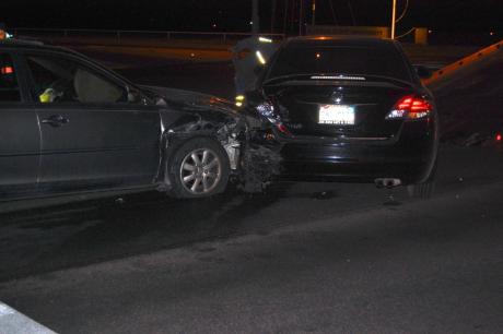 A gray Toyota Camry collided with a black Mazda compact. The Camry driver took a field sobriety test. (LIVE! Photo/Joe Hyde)