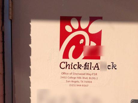 The franchisee's corporate Chick-Fil-A offices were defaced with anti-Christian markings over the weekend of Apr. 11, 2015. (Contributed)